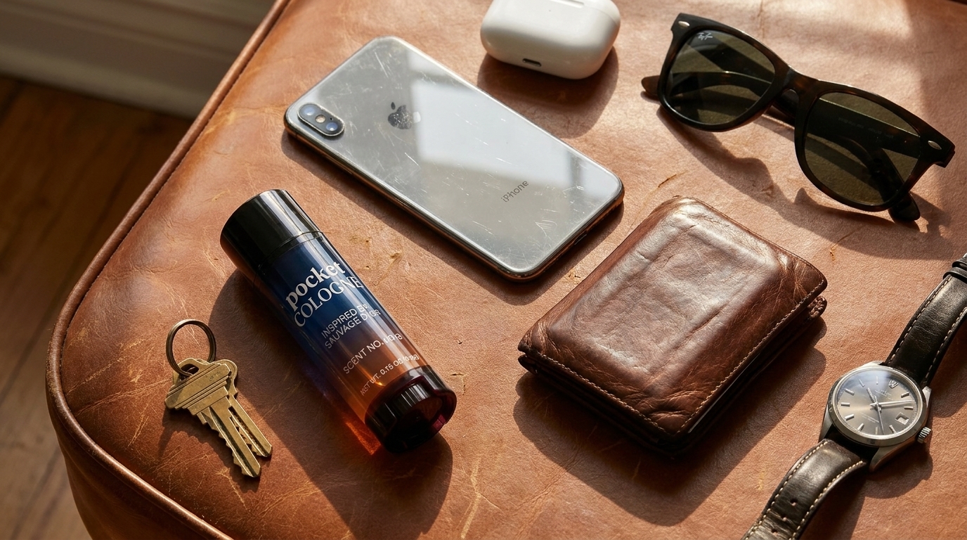 Pocket Perfume next to phone, wallet, keys, earbuds, watch, and sunglasses on a leather surface